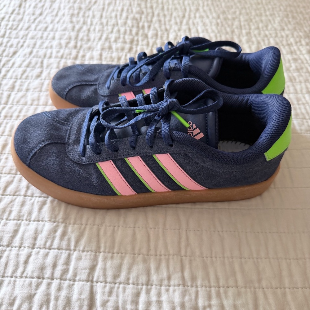 adidas Kids Navy Suede Sneakers with Pink Stripes and Neon Green Heel